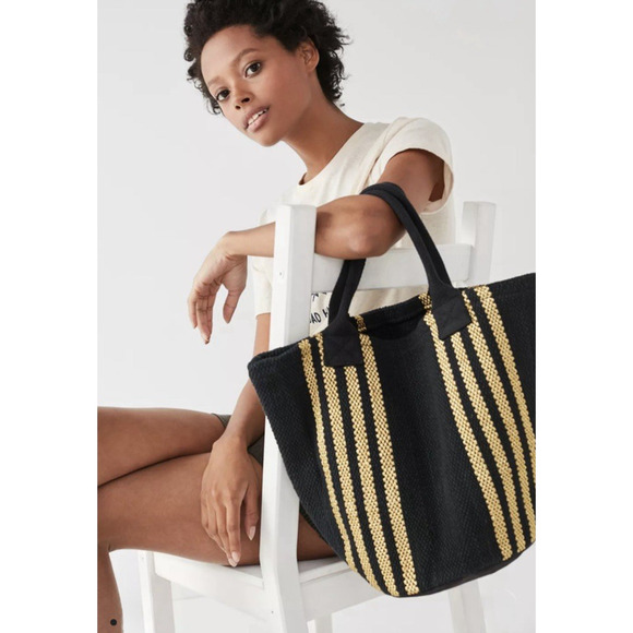 Urban Outfitters Yarn Woven Canvas Tote Bag Black Beach Vacation Resort Boho - Picture 2 of 15